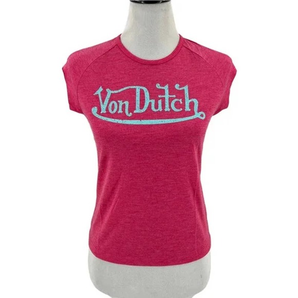 Von Dutch Women's Baby Tee T-Shirt Pink Size L Large Y2K 2000s - Picture 10 of 10